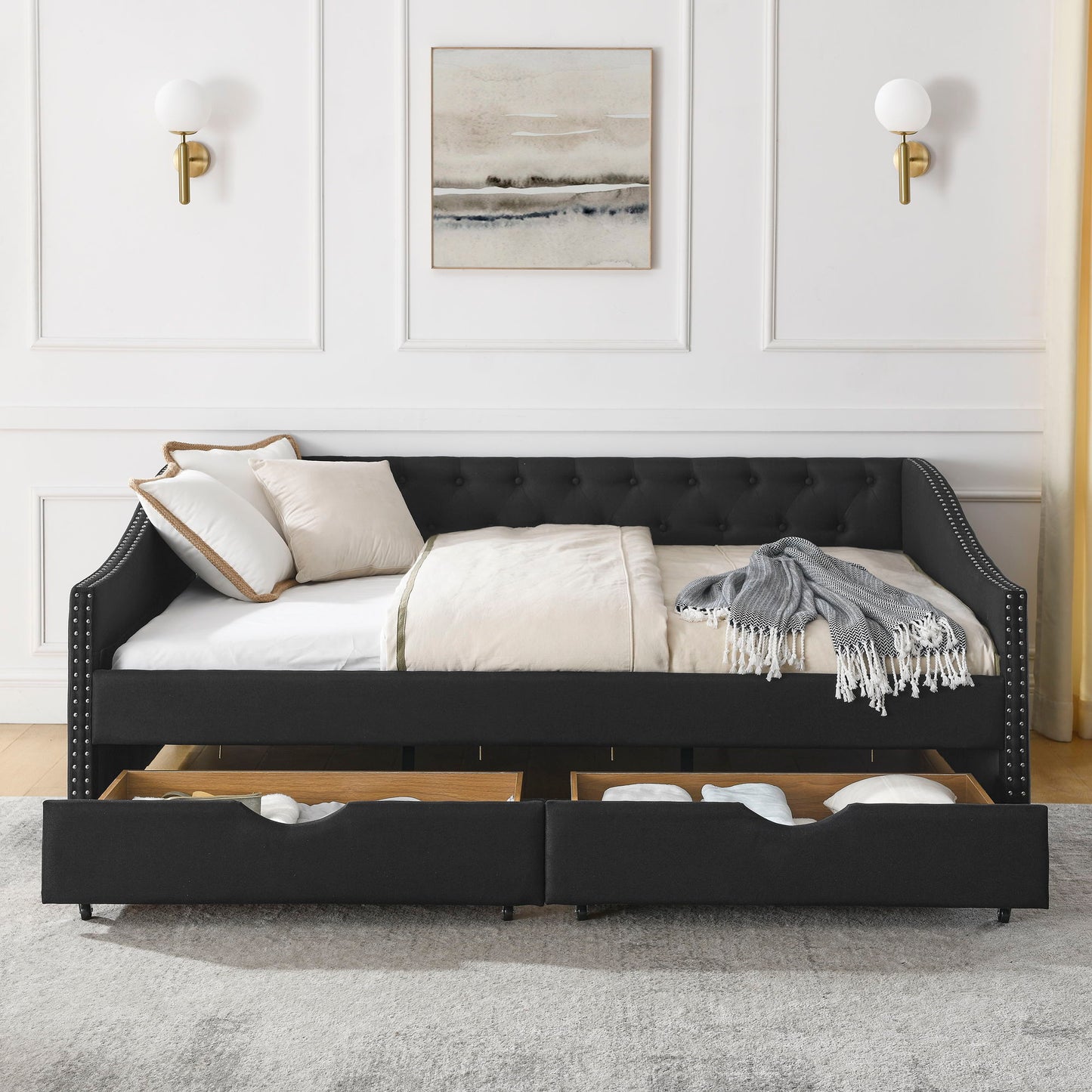 Upholstered Tufted Daybed With 2 Drawers, Waved Arms - The Sleep Loft - Online Mattress Showroom NYC