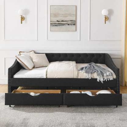 Upholstered Tufted Daybed With 2 Drawers, Waved Arms - The Sleep Loft - Online Mattress Showroom NYC