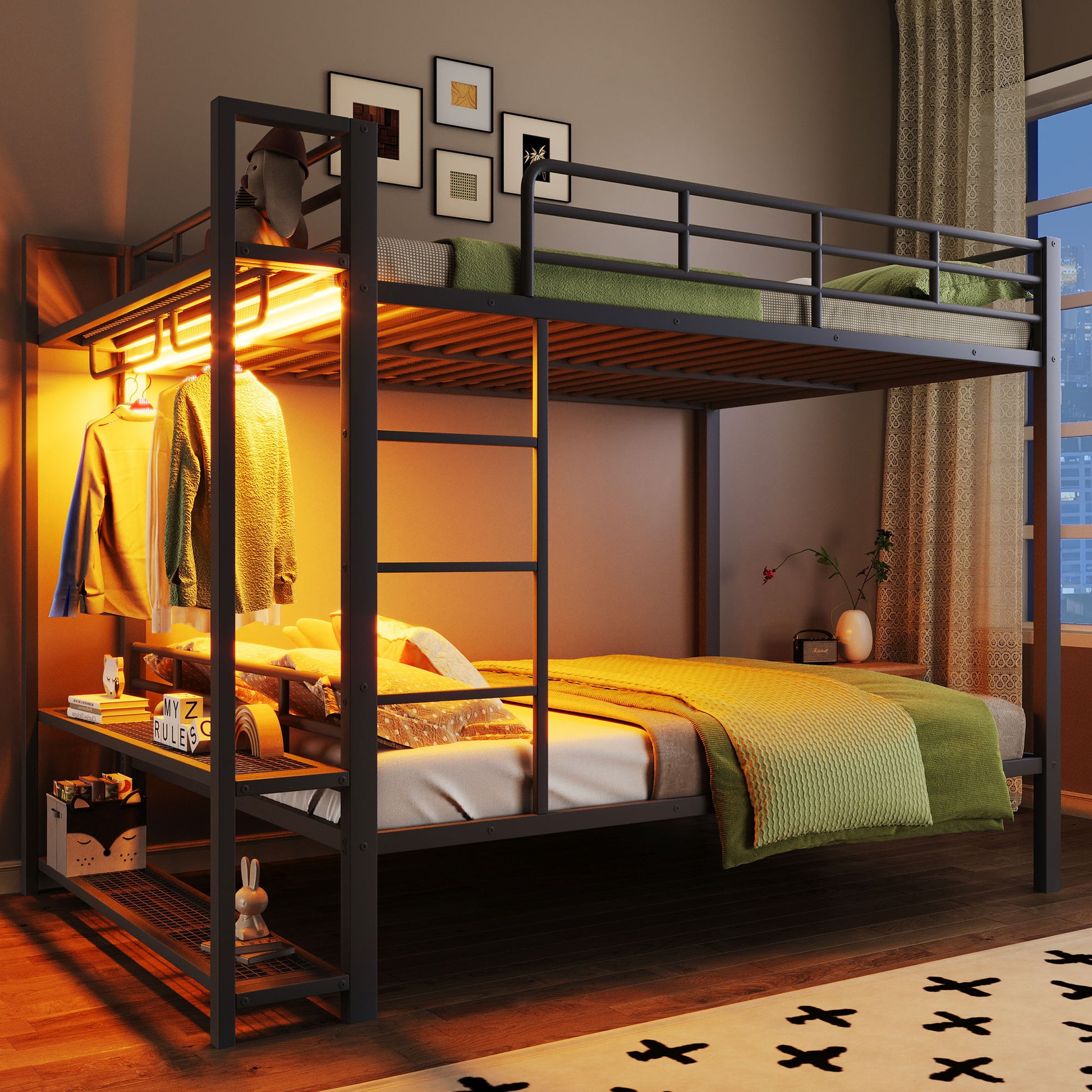 Bunk Bed With Storage Shelves, Clothes Hooks, LED Light - The Sleep Loft - Online Mattress Showroom NYC