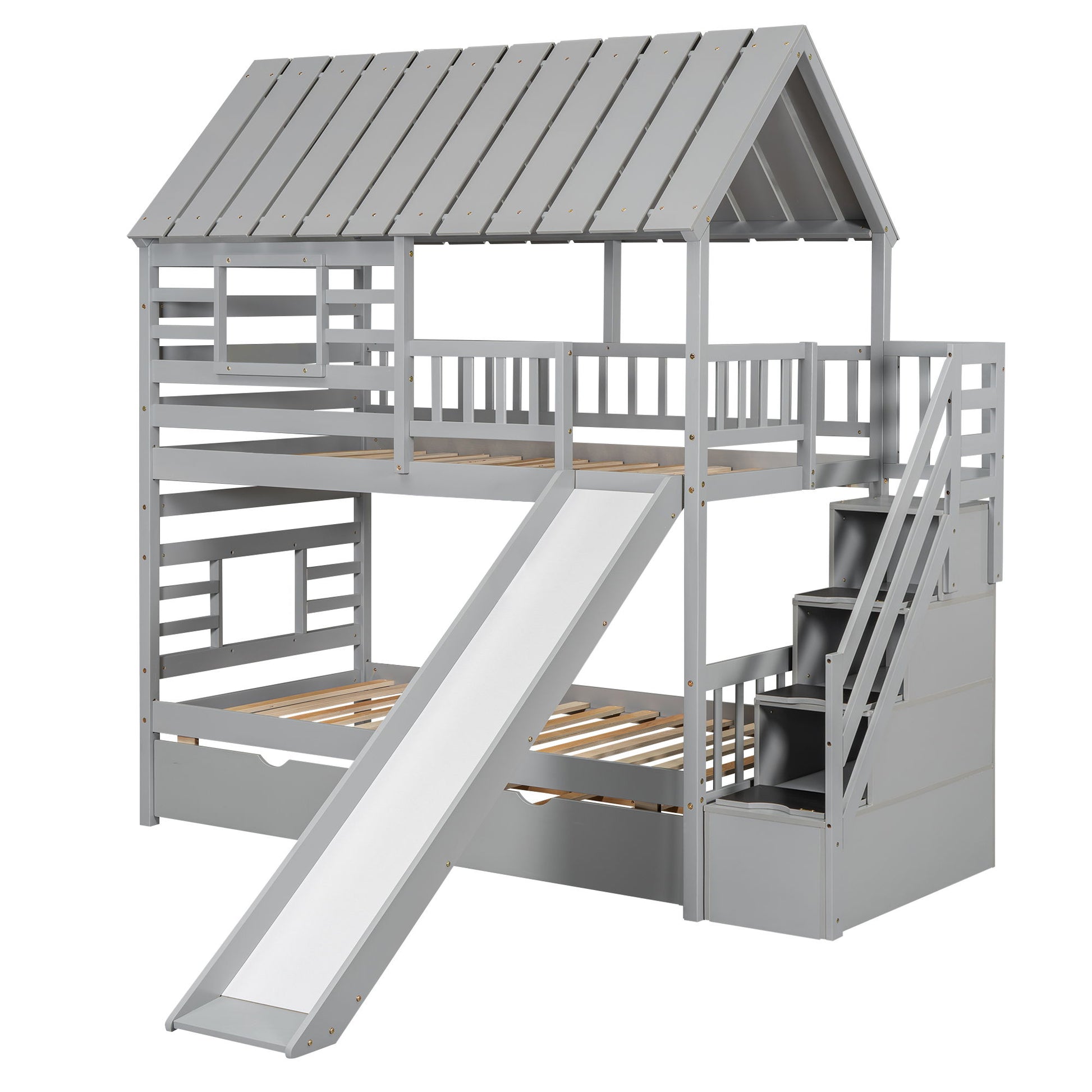House Bunk Bed With Trundle, Storage Staircase, Roof And Window Design - The Sleep Loft - Online Mattress Showroom NYC