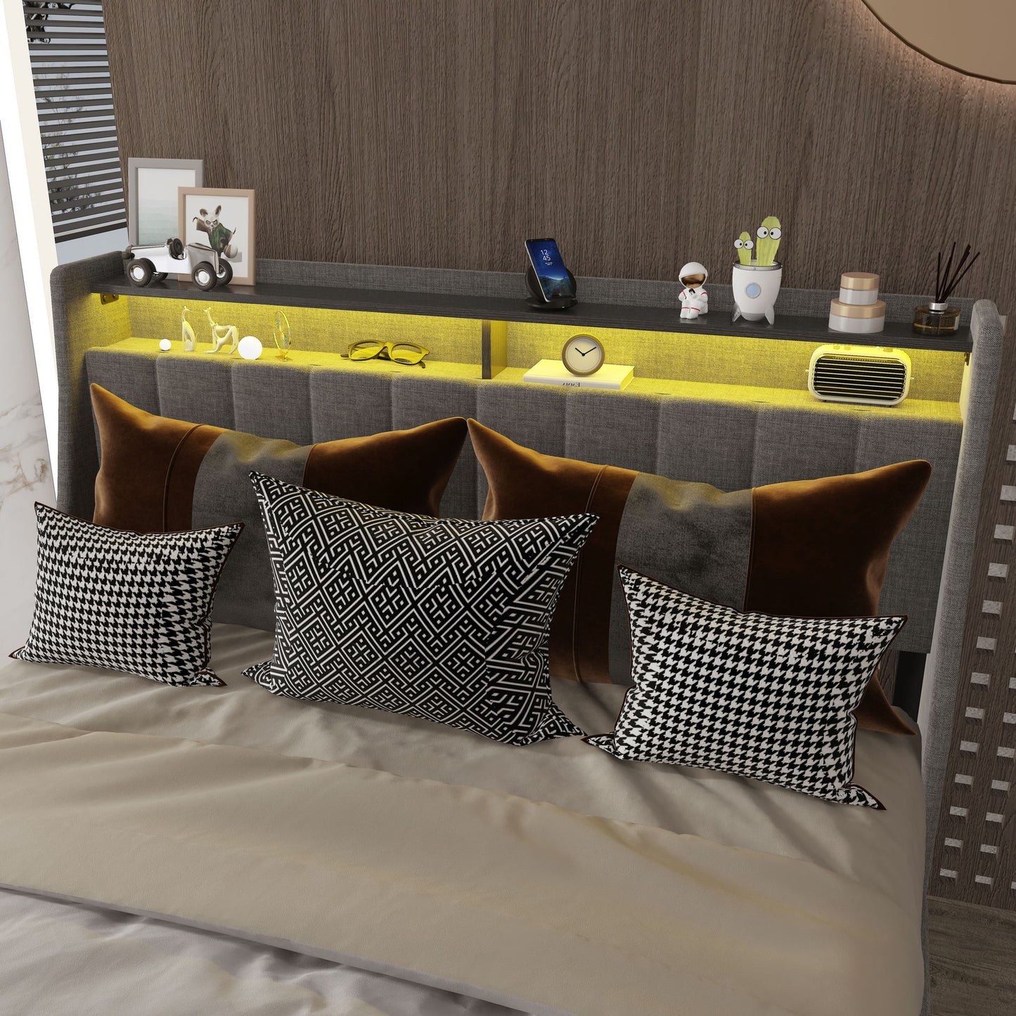 Bed With LED Lights, 4 Drawers, Winged Headboard Upholstered - The Sleep Loft - Online Mattress Showroom NYC