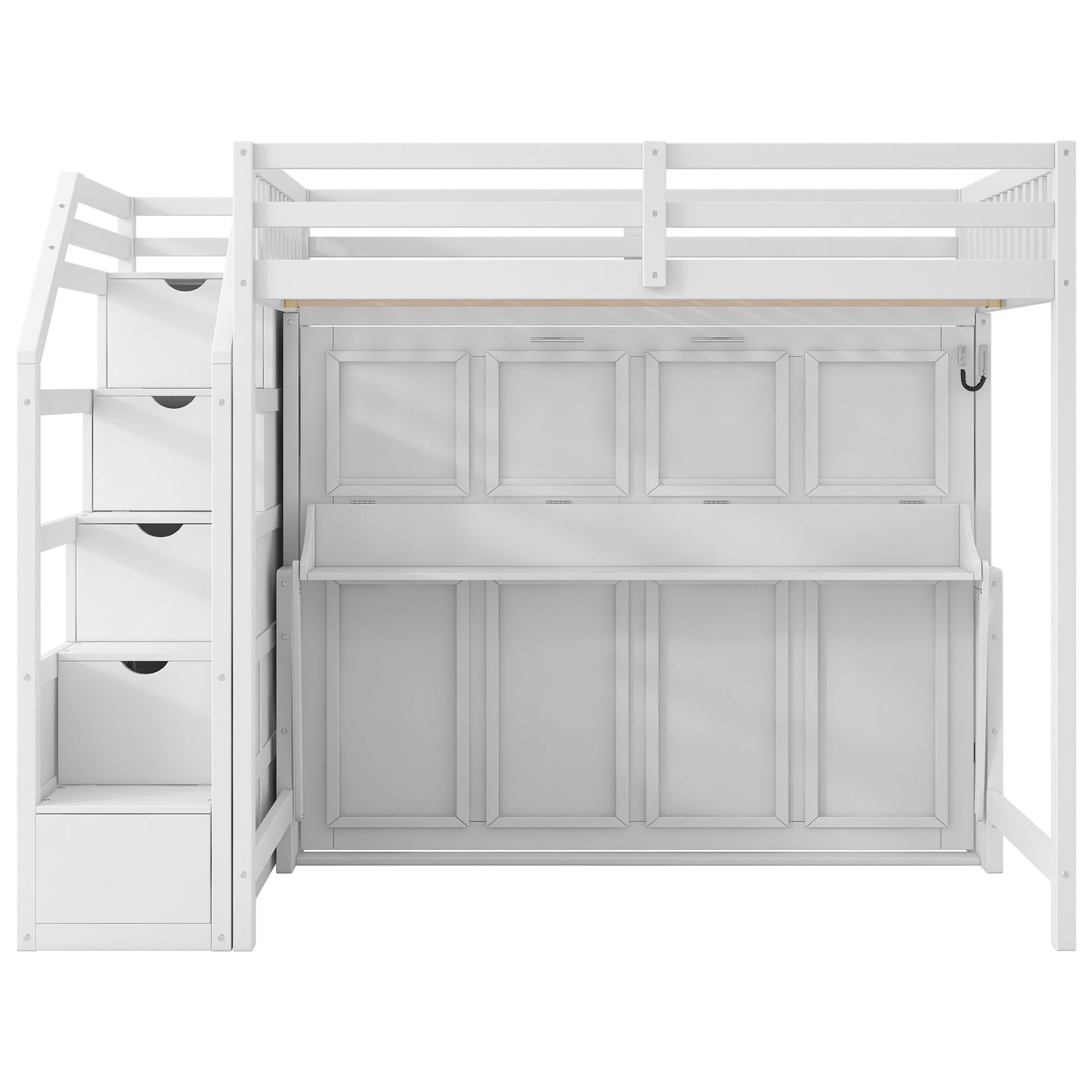 Full Long Loft Bed With Storage Staircase, Murphy Bed, LED Light - White - The Sleep Loft - Online Mattress Showroom NYC