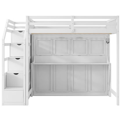 Full Long Loft Bed With Storage Staircase, Murphy Bed, LED Light - White - The Sleep Loft - Online Mattress Showroom NYC