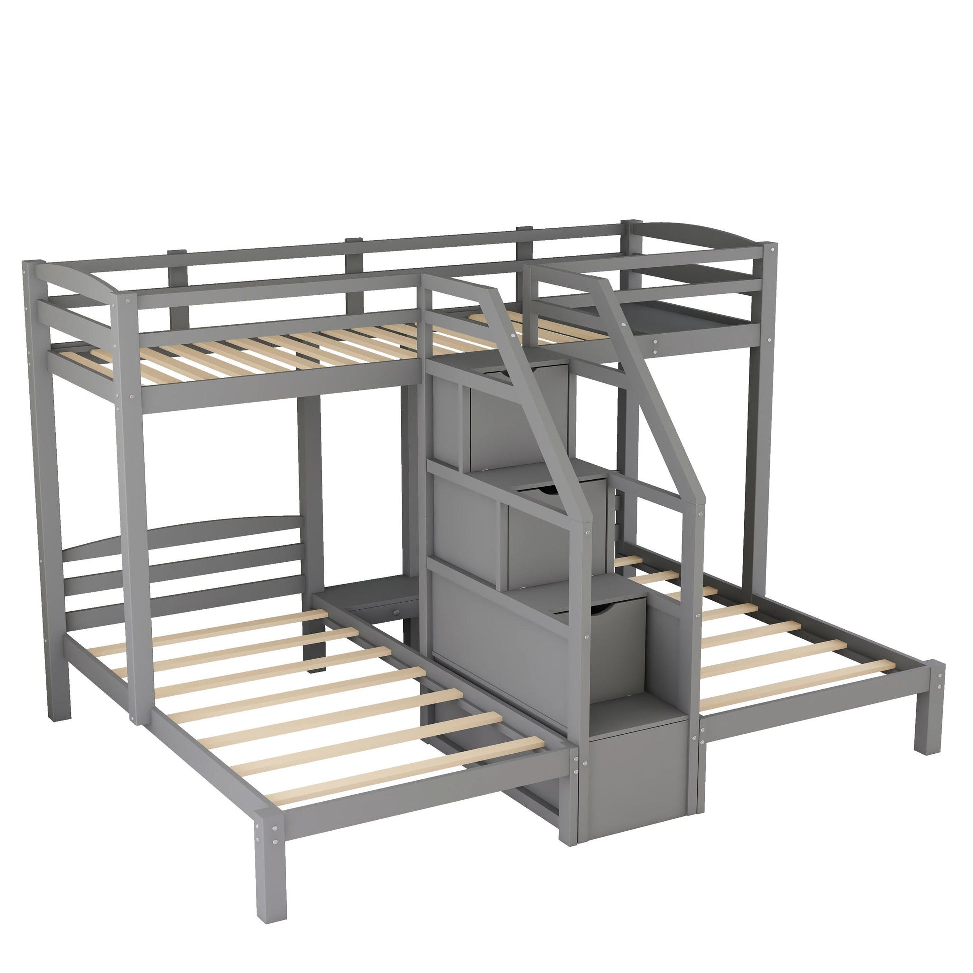 Twin Over Twin & Twin Bunk Bed With Built In Staircase And Storage Drawer - Gray - The Sleep Loft - Online Mattress Showroom NYC