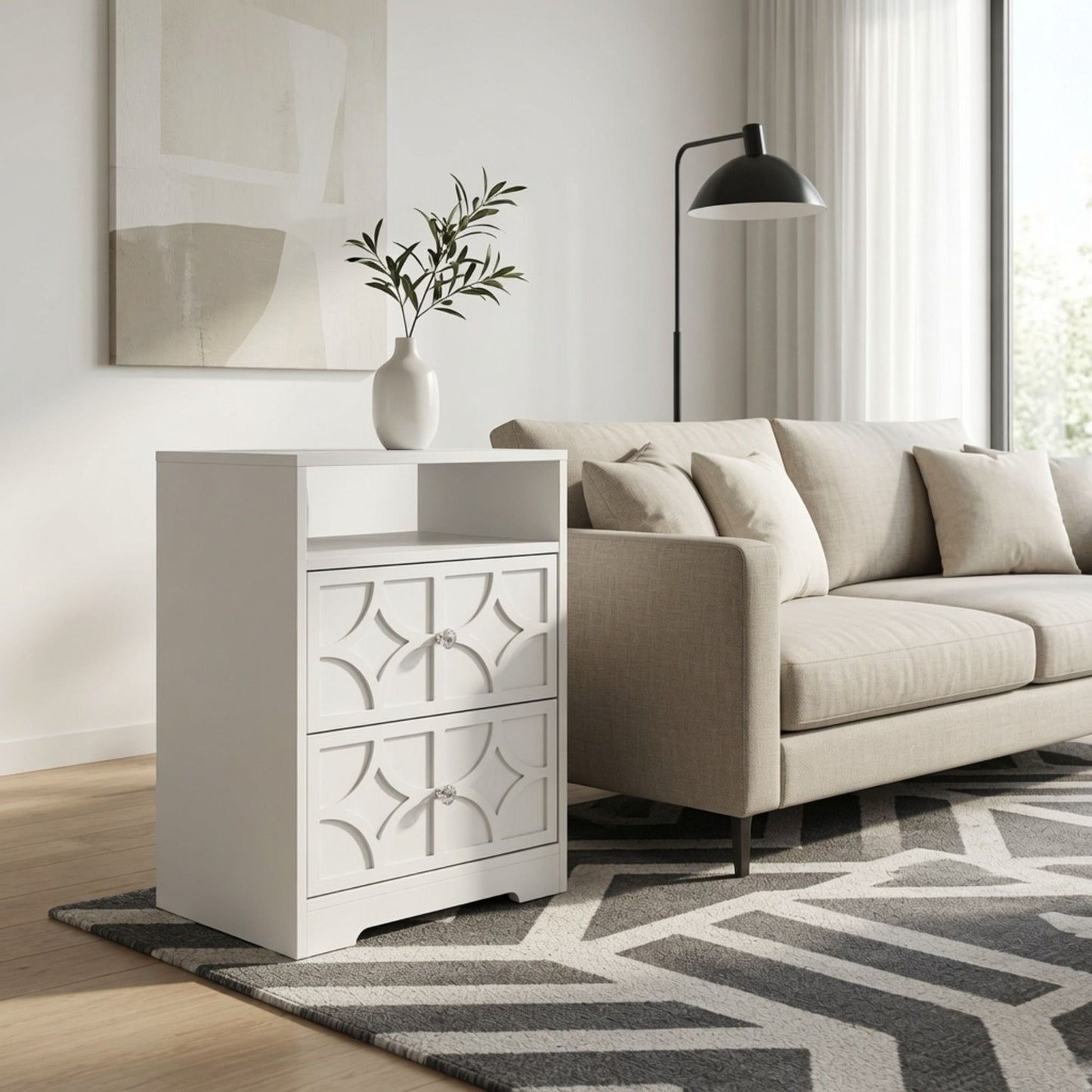 Nightstand With Diamond Carvings Handles, 2 Drawers & Charging Station