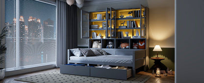 Daybed With Glass Door Storage Cabinets, Built In LED Lighting And Shelves - The Sleep Loft - Online Mattress Showroom NYC