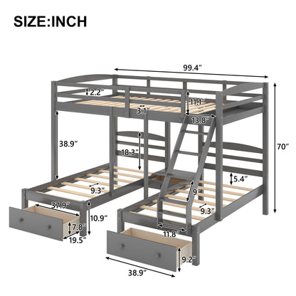 Full Over Twin & Twin Bunk Bed, Triple Bunk Bed With Drawers - Gray - The Sleep Loft - Online Mattress Showroom NYC