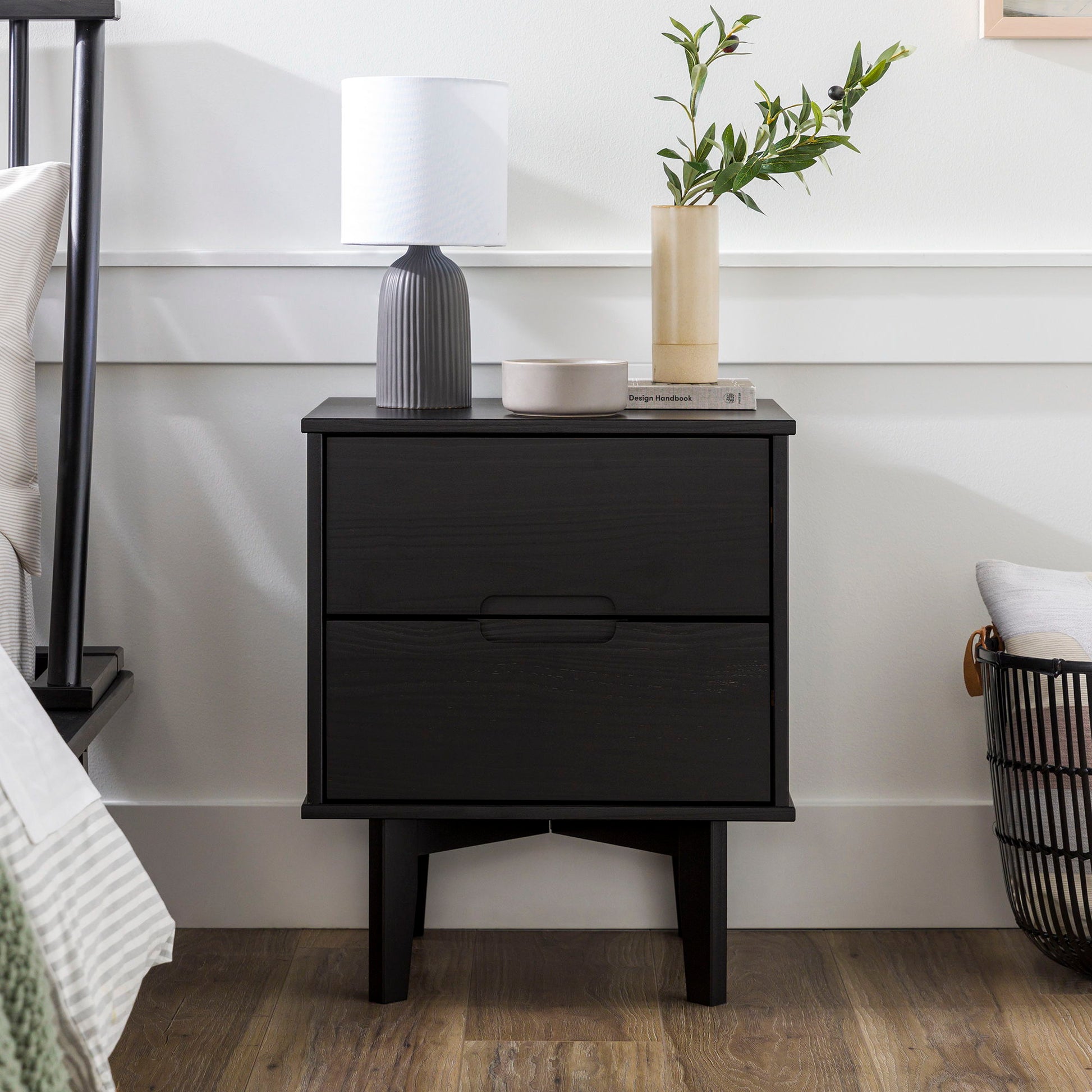 Mid-Century Modern 2 Drawer Solid Wood Nighstand With Cutout Handles - The Sleep Loft - Online Mattress Showroom NYC