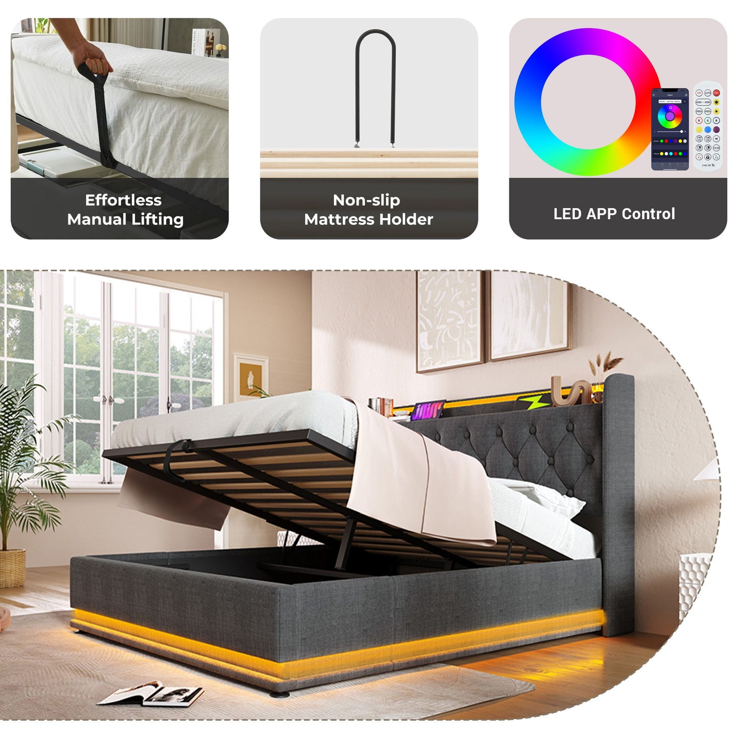 Upholstered Bed, 360 Surround LED Function, Remote Control, Hydraulic Storage Bed With USB, Type-C Charging (Without Mattress) - The Sleep Loft - Online Mattress Showroom NYC