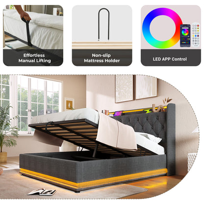 Upholstered Bed, 360 Surround LED Function, Remote Control, Hydraulic Storage Bed With USB, Type-C Charging (Without Mattress) - The Sleep Loft - Online Mattress Showroom NYC