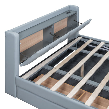 Upholstered Mother & Child Bed With Hydraulic Storage System, Drawer Box, Bedhead Storage Shelf And 2 Pairs Of Sockets & USB Ports - The Sleep Loft - Online Mattress Showroom NYC