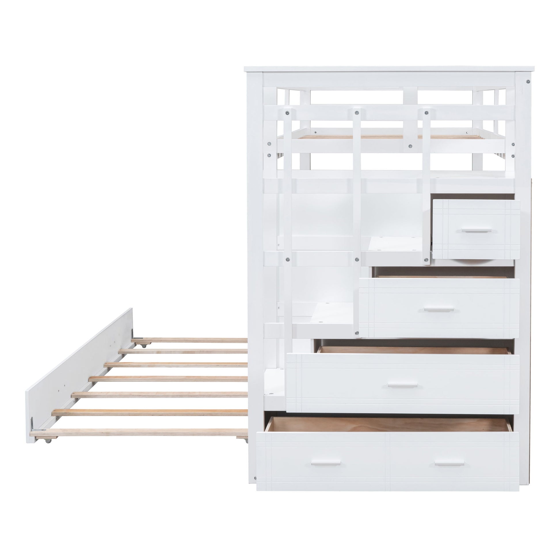 Twin Over Twin Bunk Bed With Trundle And Staircase - White - The Sleep Loft - Online Mattress Showroom NYC