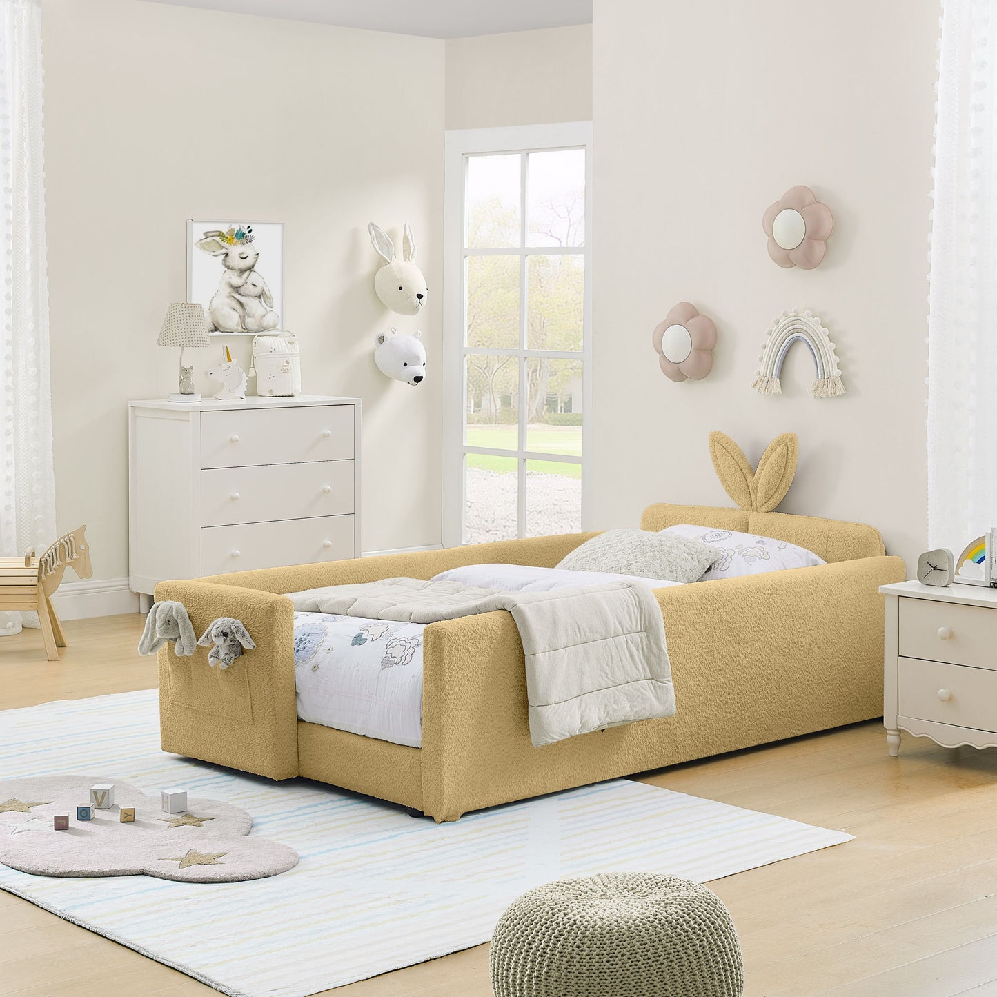 Cute Rabbit Ear Upholstered Platform Bed Frame With Safety Rail - The Sleep Loft - Online Mattress Showroom NYC