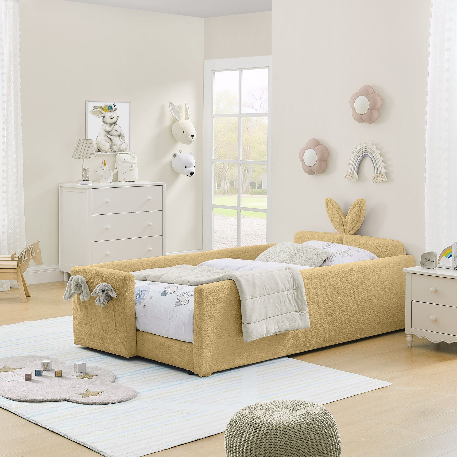 Cute Rabbit Ear Upholstered Platform Bed Frame With Safety Rail - The Sleep Loft - Online Mattress Showroom NYC