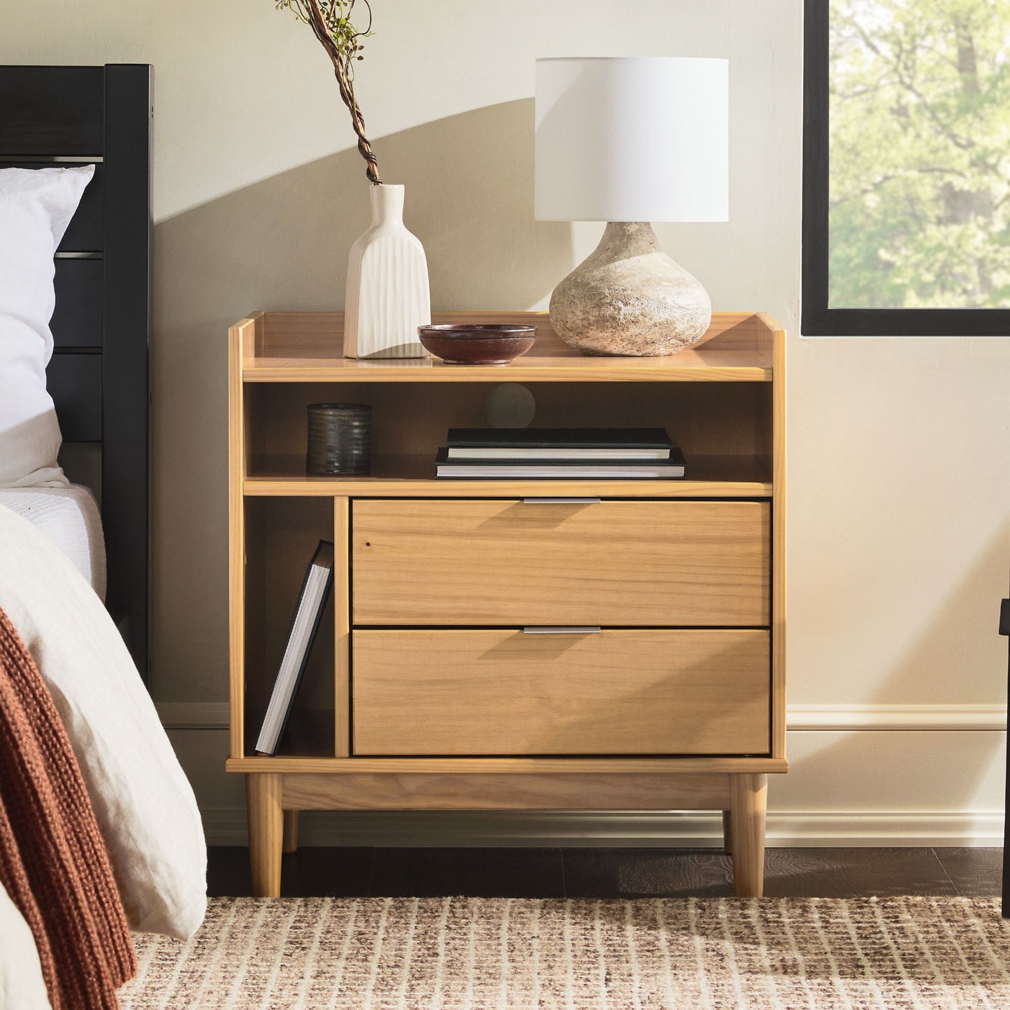 Mid-Century Modern Solid Wood 2 Drawer Gallery Nightstand - The Sleep Loft - Online Mattress Showroom NYC