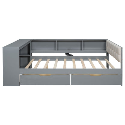 Upholstered Headboard Platform Bed With Storage Shelves, Drawers, Charging Station - The Sleep Loft - Online Mattress Showroom NYC