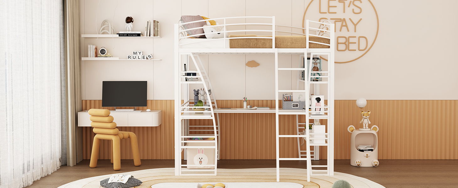 Loft Bed With 4 Layers Of Shelves And L-Shaped Desk, Stylish Metal Frame Bed With A Set Of Sockets, USB Ports And And Wireless Charging - The Sleep Loft - Online Mattress Showroom NYC