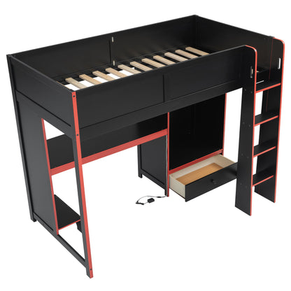 Gaming Loft Bed With Built In Desk, Wardrobe, LED Lighting And Drawer - The Sleep Loft - Online Mattress Showroom NYC