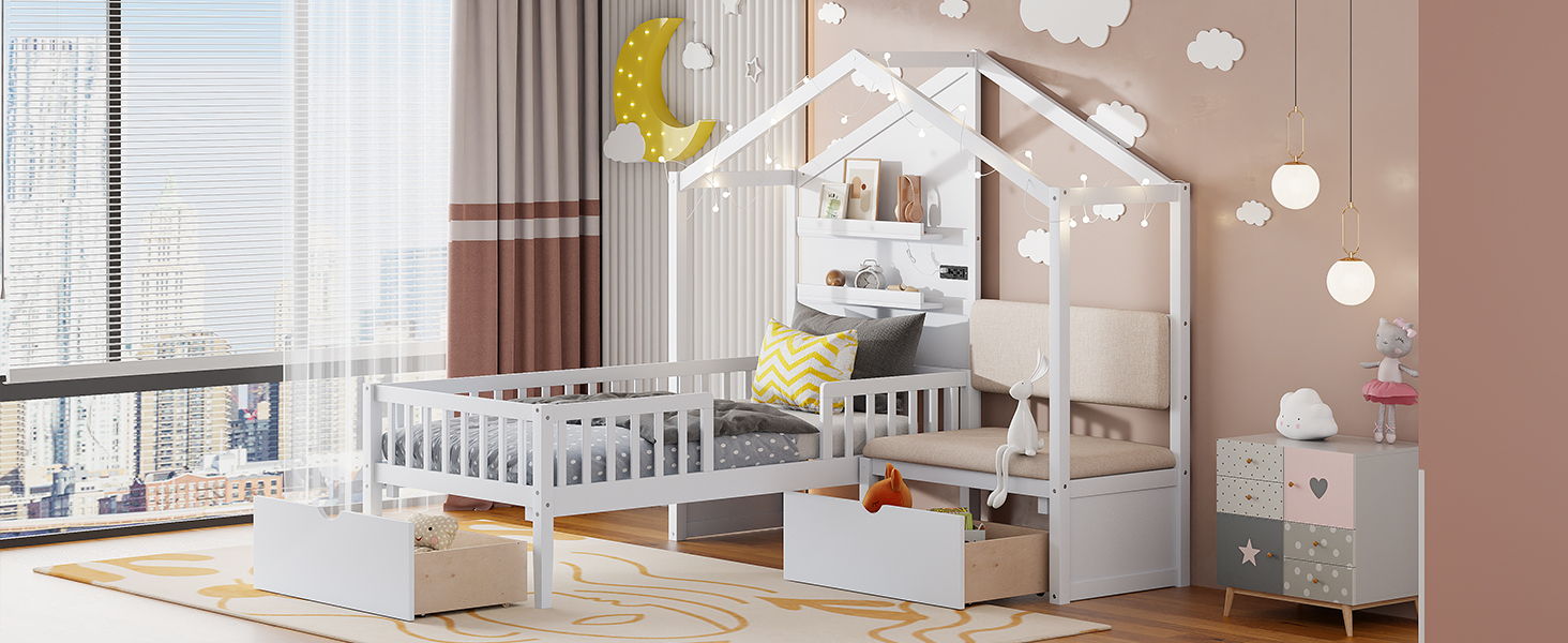 House Bed With Upholstered Sofa, Wireless Charging Station, Shelves And 2 Drawers - The Sleep Loft - Online Mattress Showroom NYC