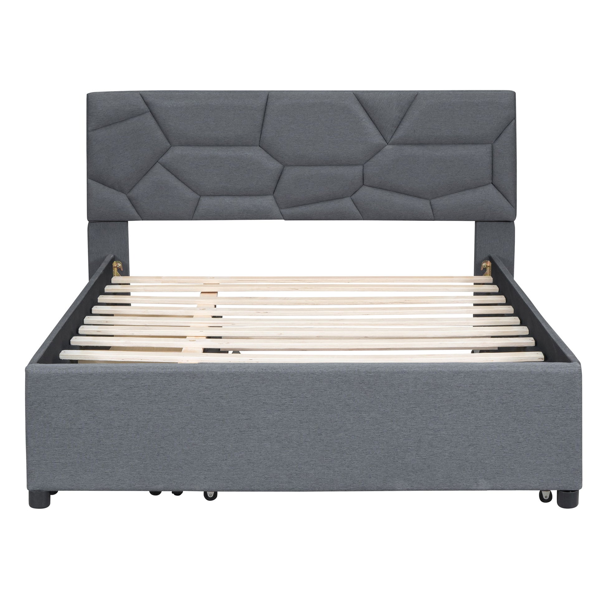 Upholstered Platform Bed With Brick Pattern Headboard And Twin Long Size Trundle - The Sleep Loft - Online Mattress Showroom NYC