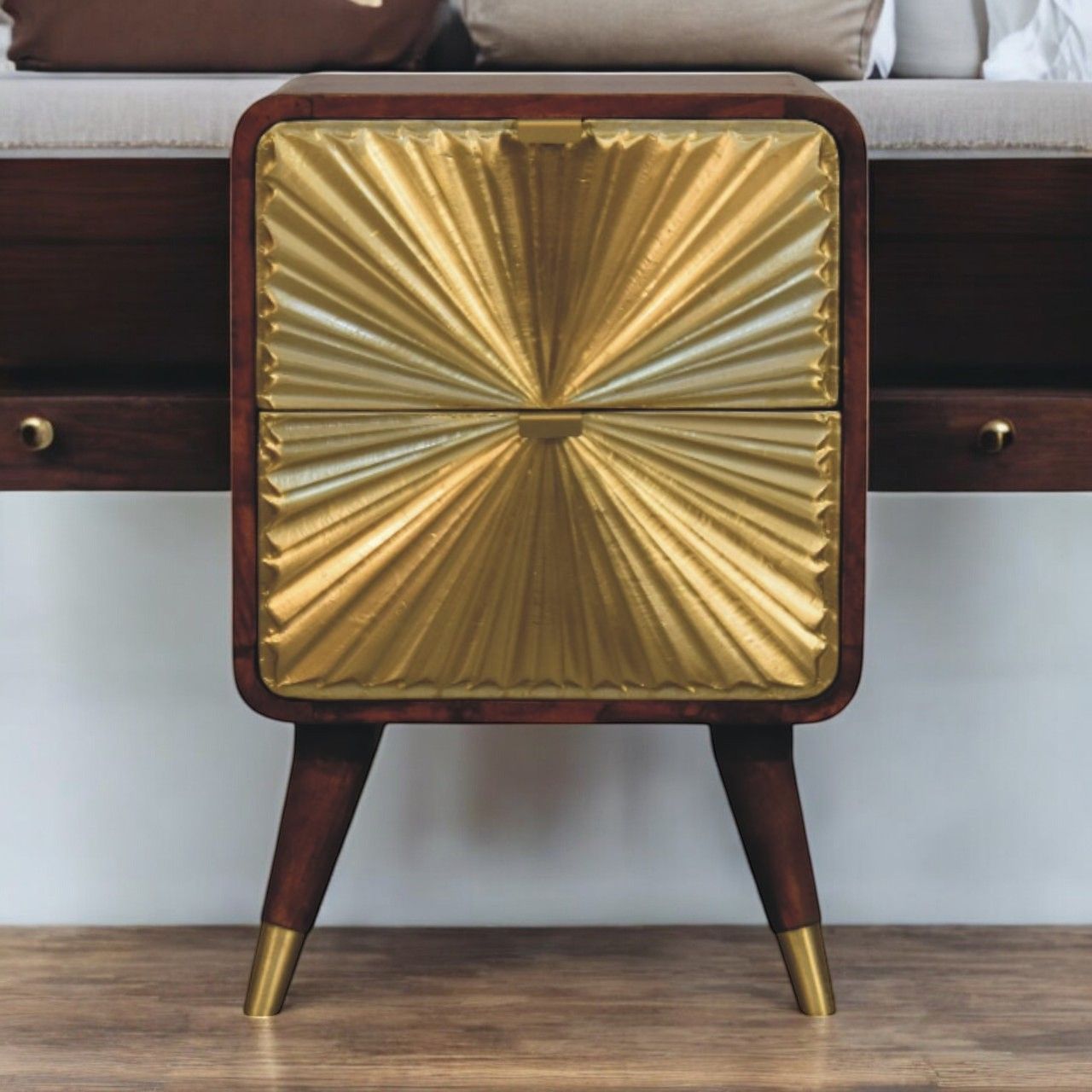Avora - Brass Embossed 2 Drawer Nightstand - Brown / Golden - The Sleep Loft - Online Mattress Showroom NYC