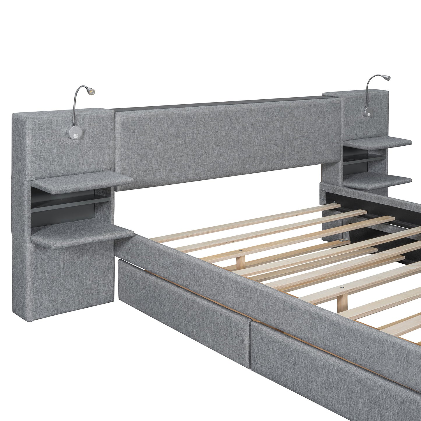 Upholstered Platform Bed With Reading Lights, Drawers, Trundle And Shelves - The Sleep Loft - Online Mattress Showroom NYC
