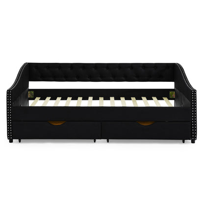 Upholstered Tufted Daybed With 2 Drawers, Waved Arms - The Sleep Loft - Online Mattress Showroom NYC