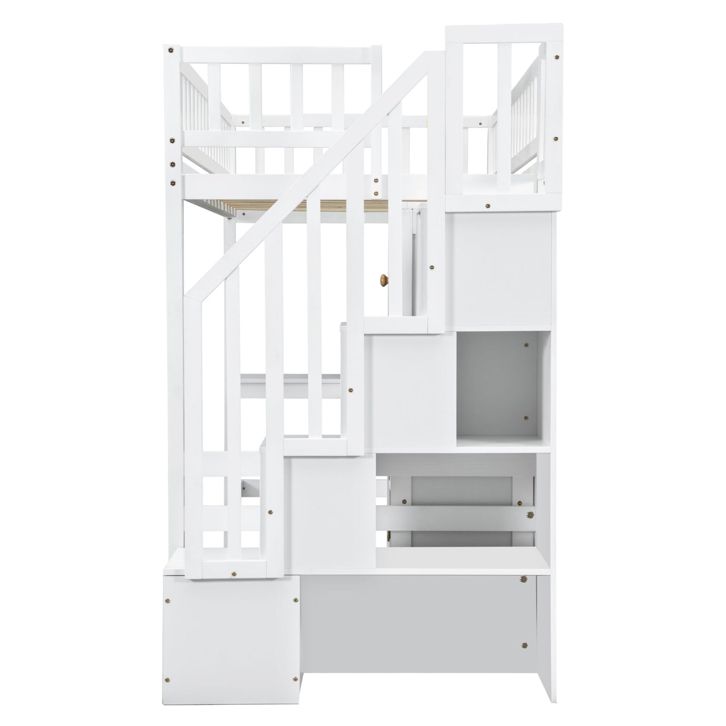 Loft Bed With Built In L Shaped Desk, LED Lights, Storage Shelves, Cabinets, And Staircase - The Sleep Loft - Online Mattress Showroom NYC