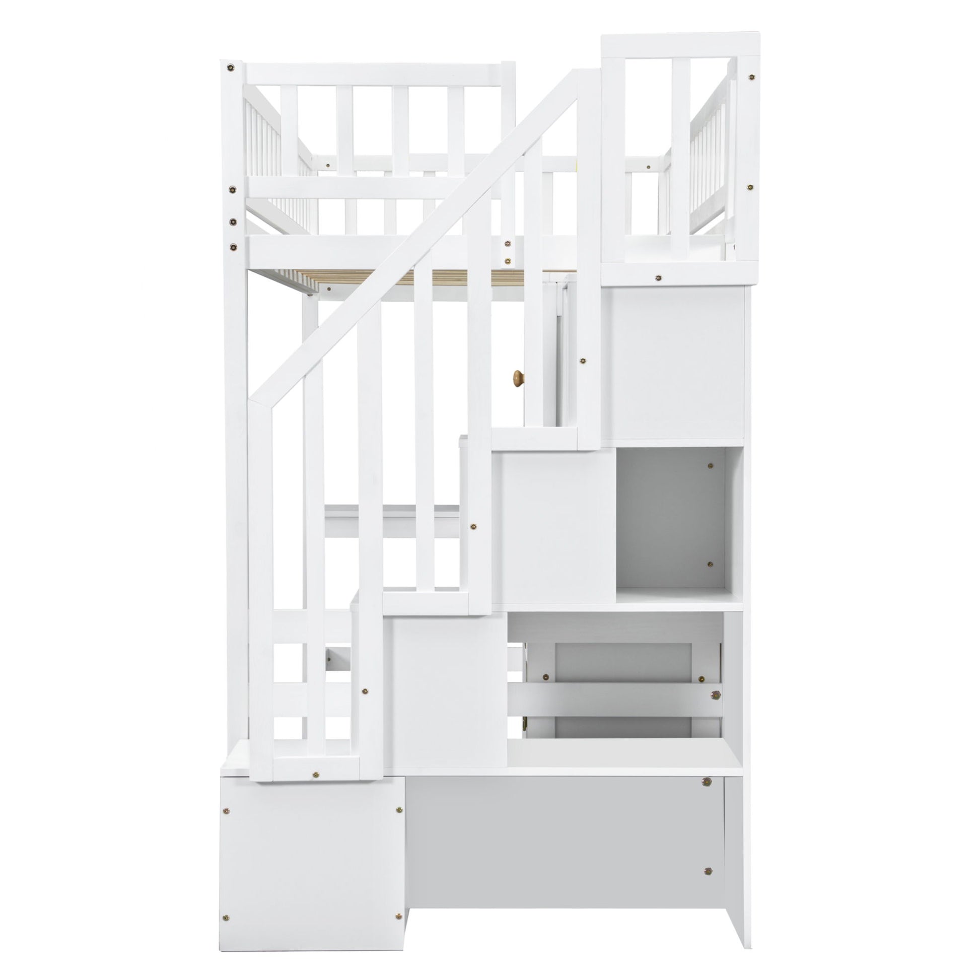 Loft Bed With Built In L Shaped Desk, LED Lights, Storage Shelves, Cabinets, And Staircase - The Sleep Loft - Online Mattress Showroom NYC