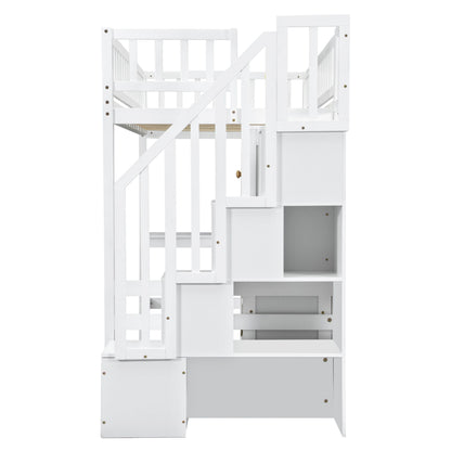 Loft Bed With Built In L Shaped Desk, LED Lights, Storage Shelves, Cabinets, And Staircase - The Sleep Loft - Online Mattress Showroom NYC