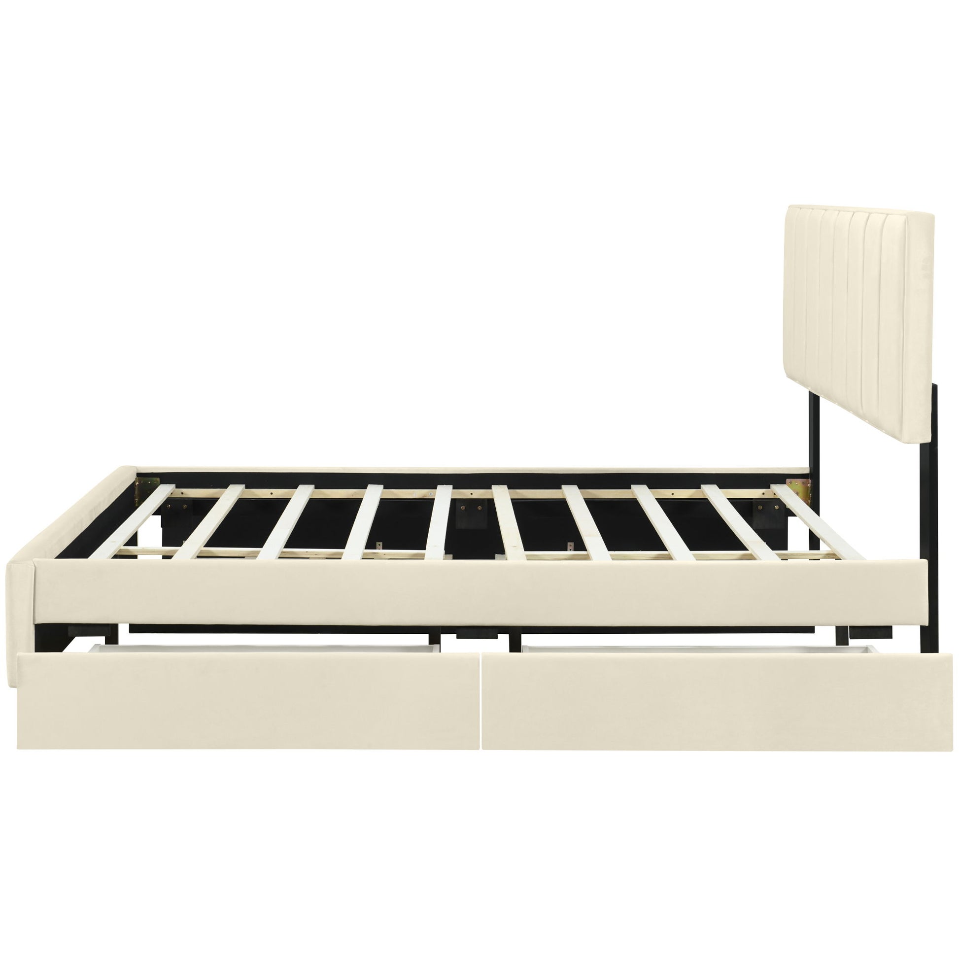 Upholstered Platform Bed With 2 Drawers And 1 Trundle, Classic Strip Headboard Design - The Sleep Loft - Online Mattress Showroom NYC