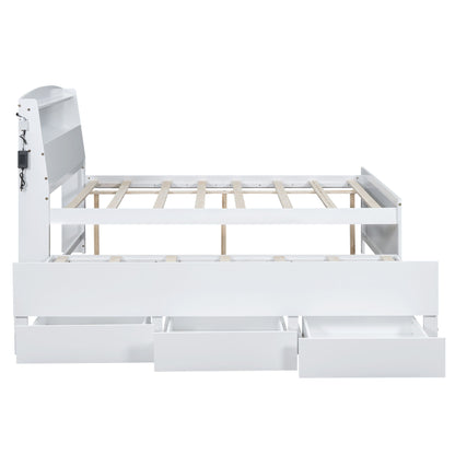 Full Size Platform Bed With Storage LED Headboard, Twin Trundle And 3 Drawers - White - The Sleep Loft - Online Mattress Showroom NYC