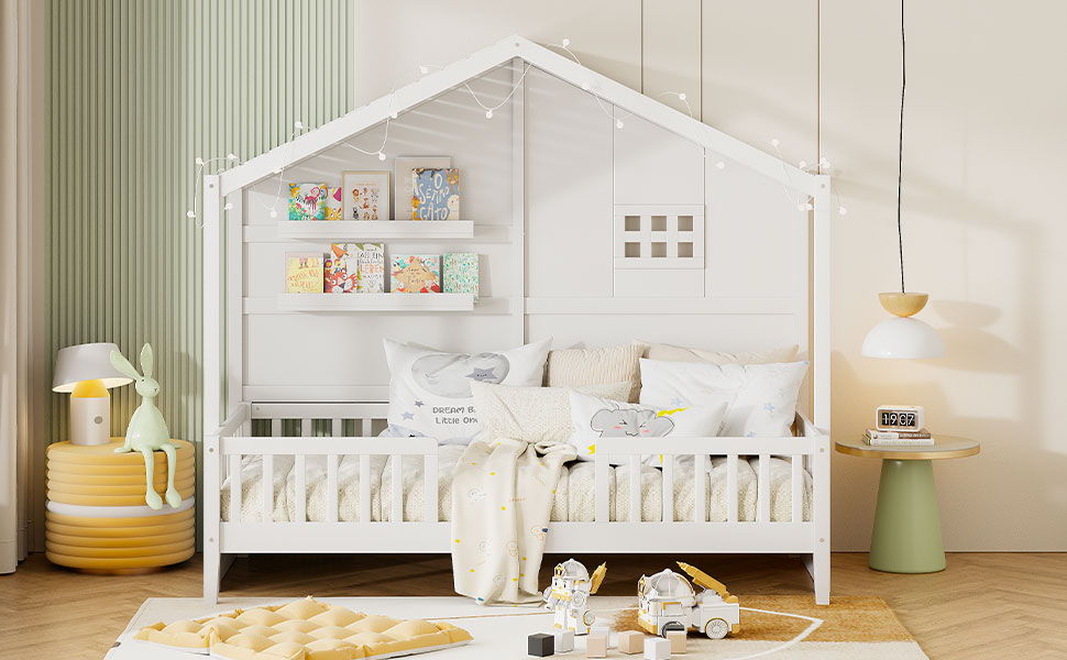 House Bed With Shelves, Window And Sparkling Light Strip On The Roof - The Sleep Loft - Online Mattress Showroom NYC