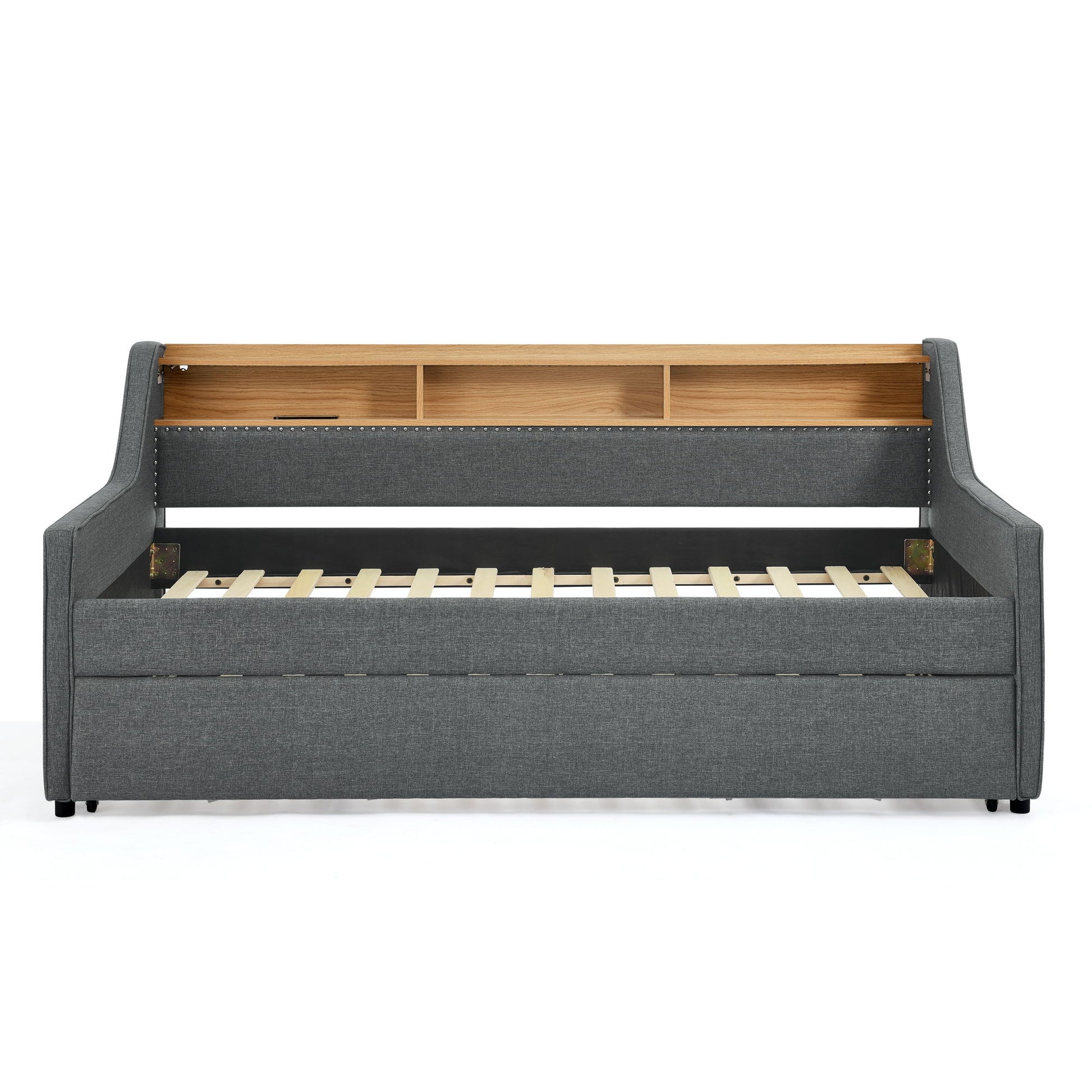 Upholstered Sofa Bed With LED Lights, Storage Headboard, Foldable Trundle & Wireless Charging - The Sleep Loft - Online Mattress Showroom NYC