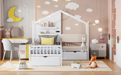 House Bed With Upholstered Sofa, Wireless Charging Station, Shelves And 2 Drawers - The Sleep Loft - Online Mattress Showroom NYC