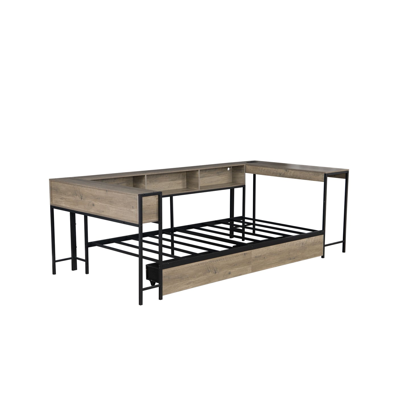 Corner Bed Frame Twin Size With Bookcase And 2 Underbed Storage Drawers, Modern Twin Bed With LED Light And Charging Station, Modern Daybed Reversible Left Or Right - Gray - The Sleep Loft - Online Mattress Showroom NYC