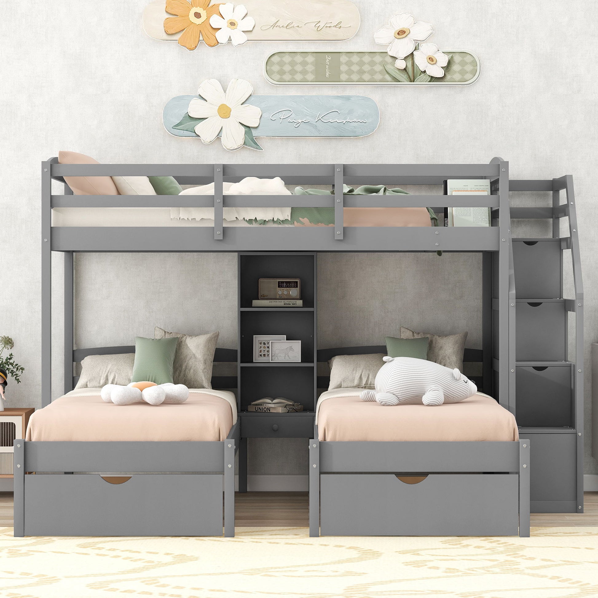 Twin Over Twin & Twin Bunk Bed With Drawers, Staircase Storage, Built In Shelves - Gray - The Sleep Loft - Online Mattress Showroom NYC