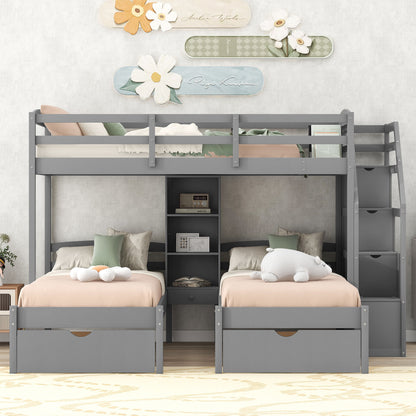 Twin Over Twin & Twin Bunk Bed With Drawers, Staircase Storage, Built In Shelves - Gray - The Sleep Loft - Online Mattress Showroom NYC