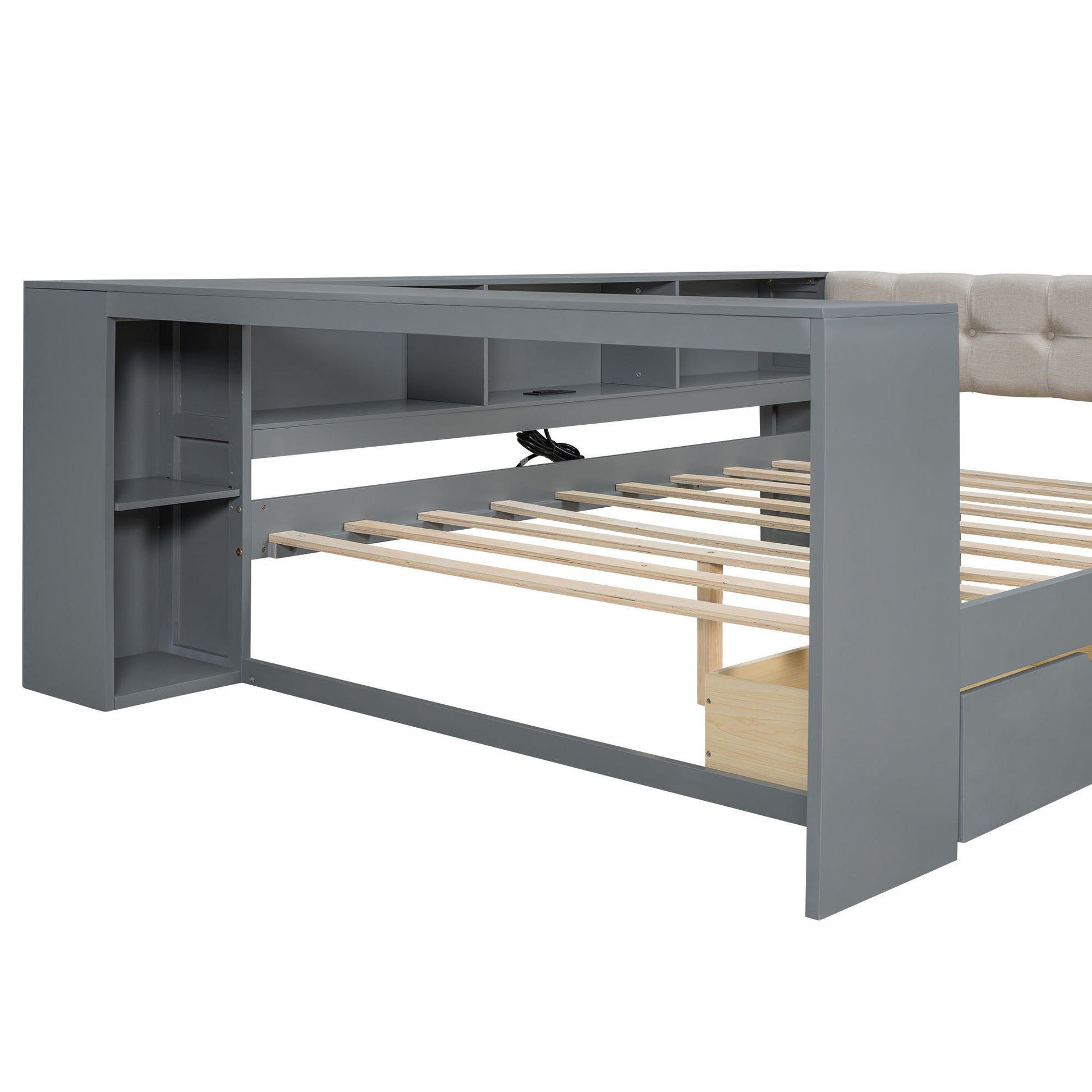 Upholstered Headboard Platform Bed With Storage Shelves, Drawers, Charging Station - The Sleep Loft - Online Mattress Showroom NYC