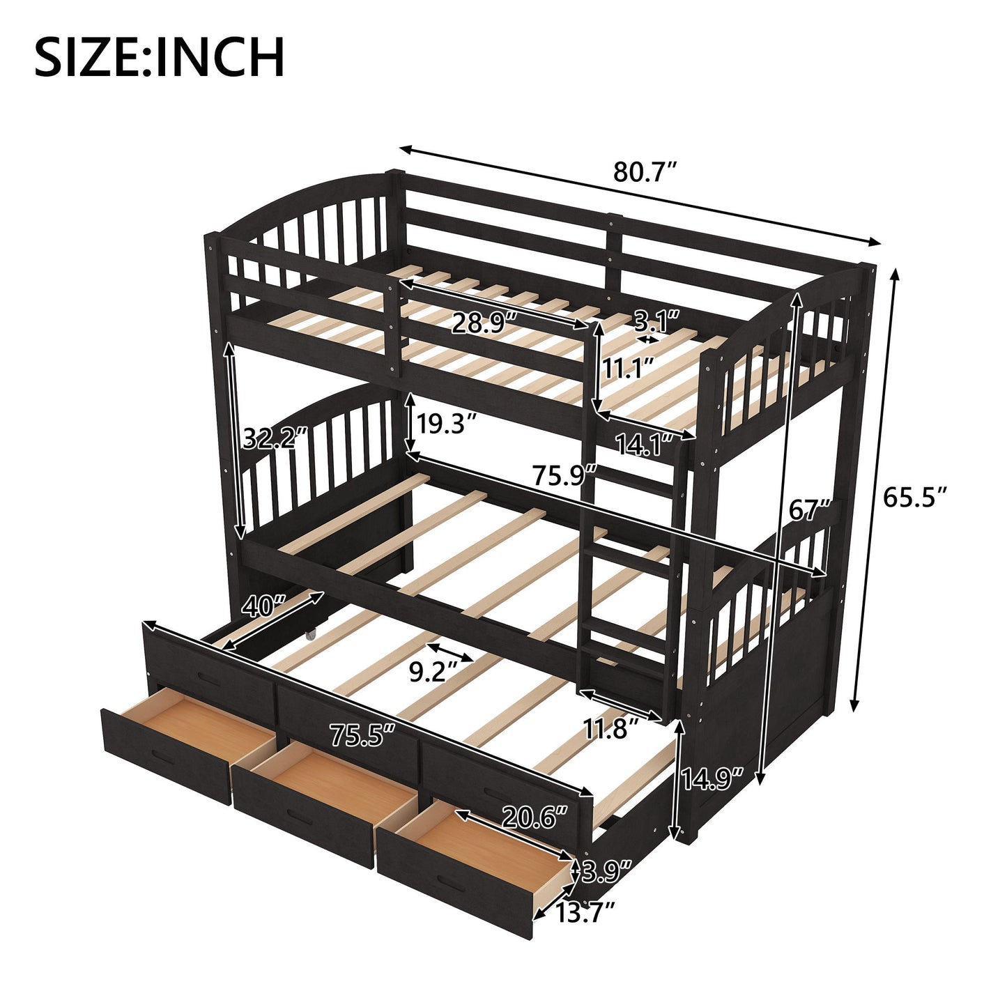 Bunk Bed With Trundle And Drawers, Arched Headboard And Footboard - The Sleep Loft - Online Mattress Showroom NYC