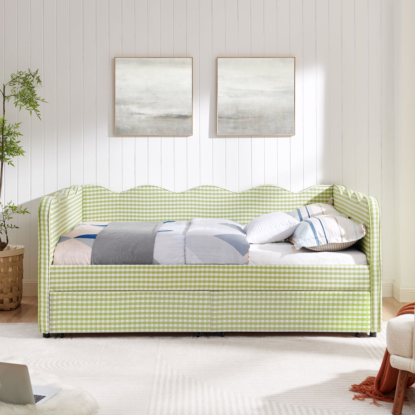 Gingham Daybed With USB Charging Port, Wave-Shaped Design - The Sleep Loft - Online Mattress Showroom NYC