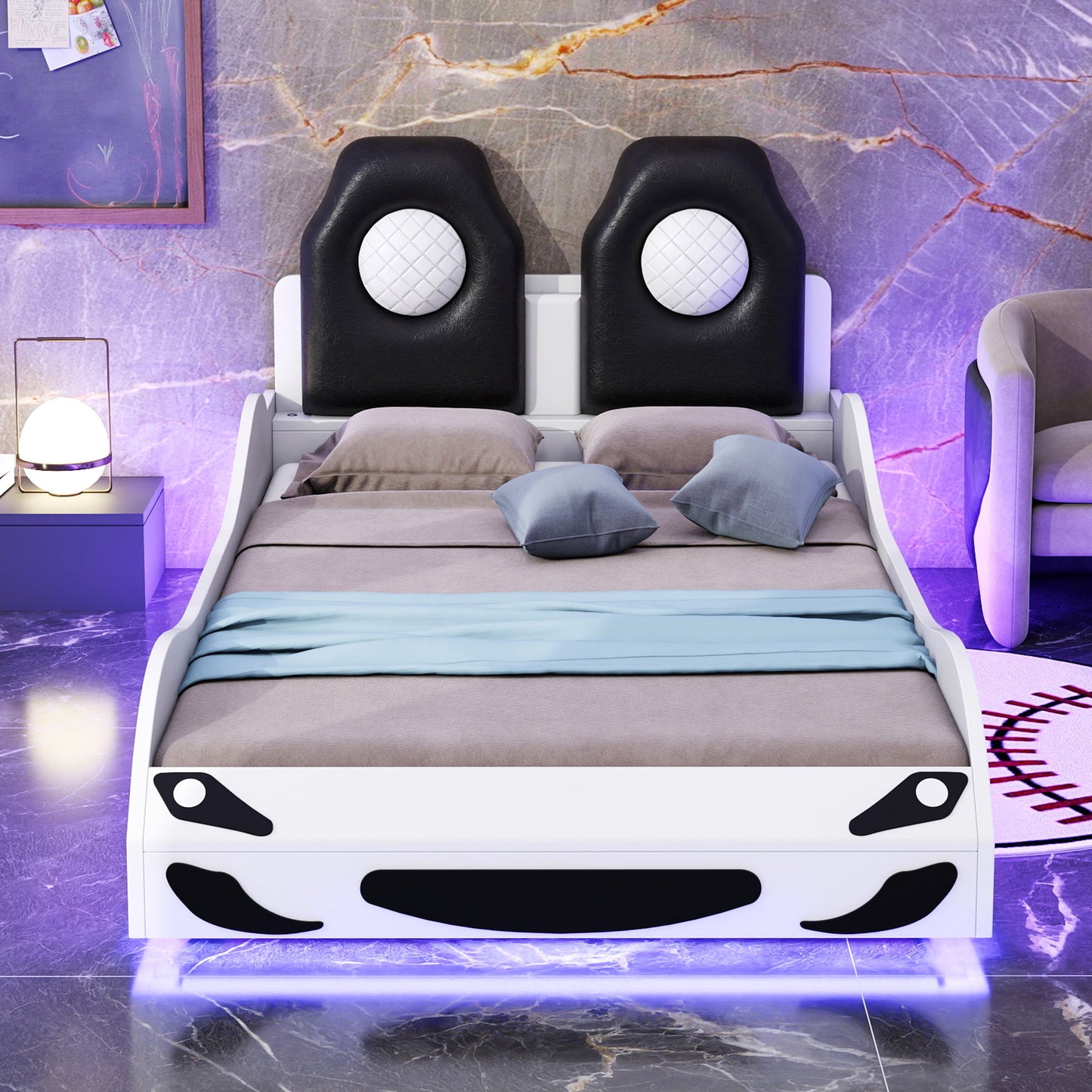 Race Car Shaped Platform Bed With LED And Upholstered Backrest In - The Sleep Loft - Online Mattress Showroom NYC