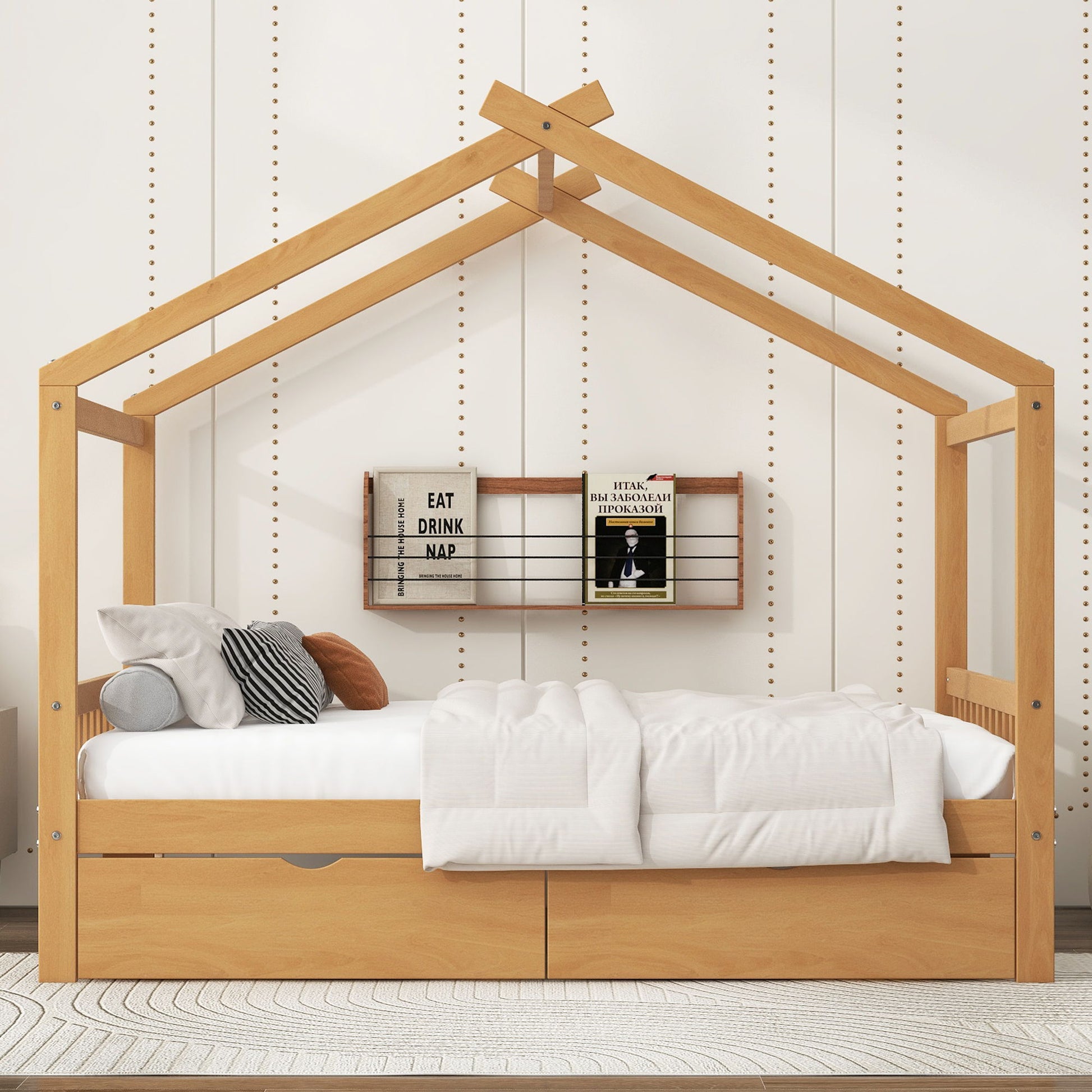 House Style Platform Bed With Headboard, Footboard, 2 Drawers, And Roof Design - The Sleep Loft - Online Mattress Showroom NYC
