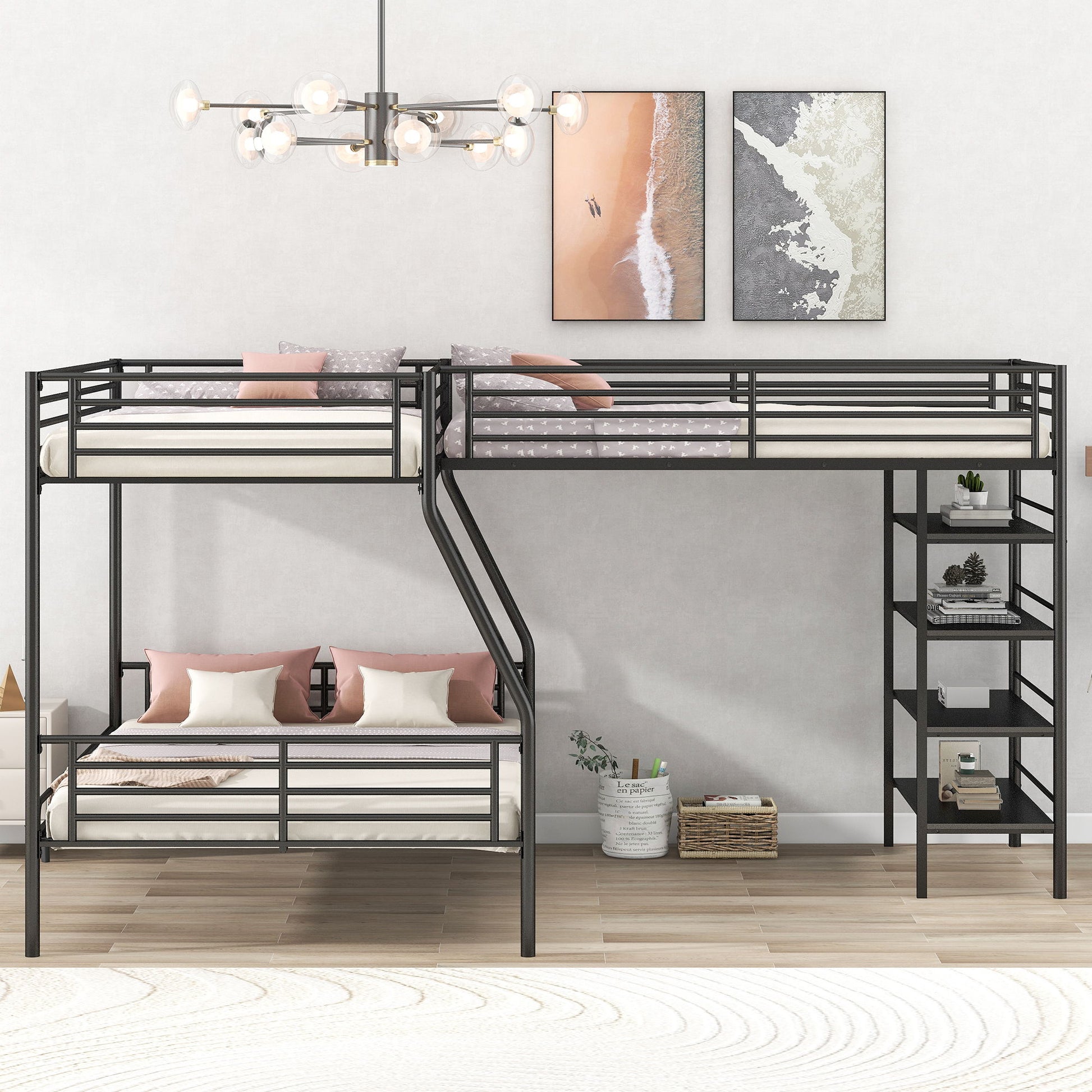 L-Shaped Twin Over Full Bunk Bed And Twin Loft Bed With 4 Built In Shelves - Black - The Sleep Loft - Online Mattress Showroom NYC