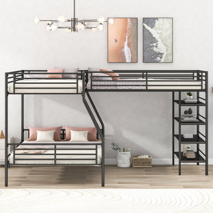 L-Shaped Twin Over Full Bunk Bed And Twin Loft Bed With 4 Built In Shelves - Black - The Sleep Loft - Online Mattress Showroom NYC