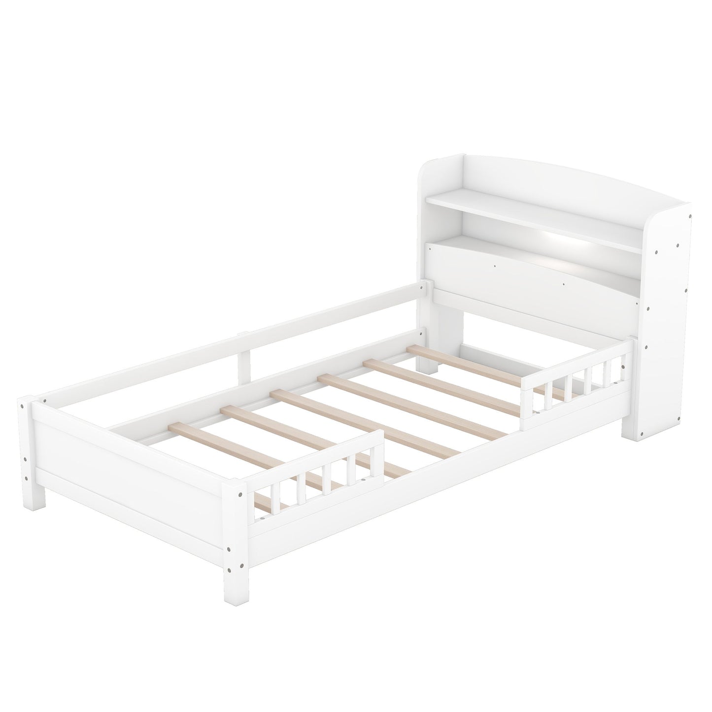 Wood Platform Bed With Built In LED Light, Storage Headboard And Guardrail - The Sleep Loft - Online Mattress Showroom NYC