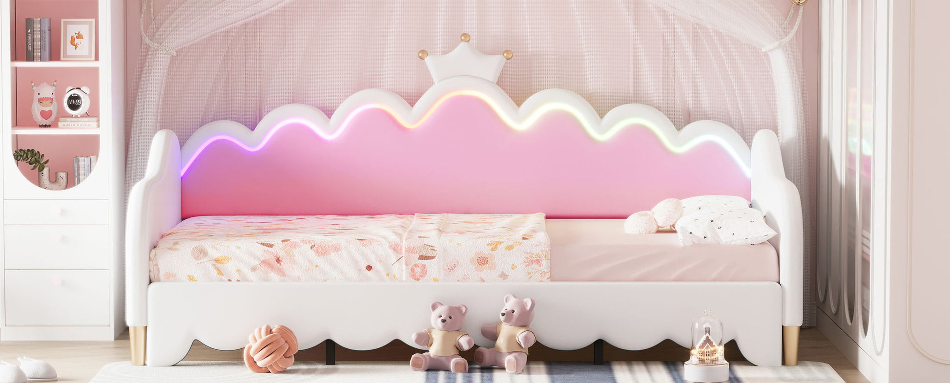 Extending Daybed With LED Lights, Modern Upholstered Princess Daybed With Crown Headboard - The Sleep Loft - Online Mattress Showroom NYC
