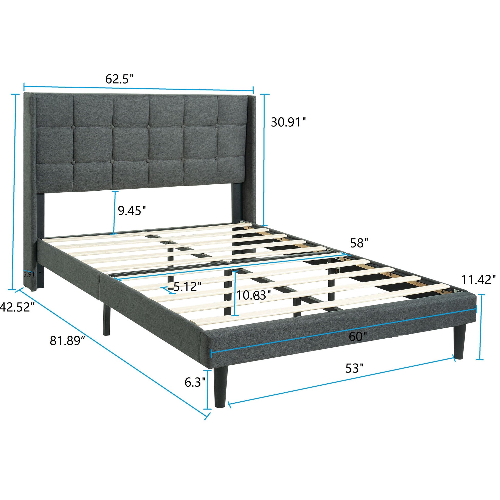 Queen Size Upholstered Platform Bed Frame With Button Tufted Linen Fabric Headboard - Dark Gray - The Sleep Loft - Online Mattress Showroom NYC