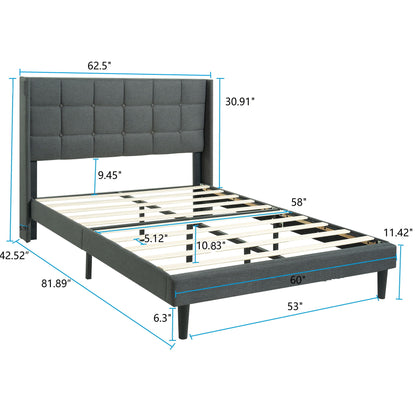 Queen Size Upholstered Platform Bed Frame With Button Tufted Linen Fabric Headboard - Dark Gray - The Sleep Loft - Online Mattress Showroom NYC