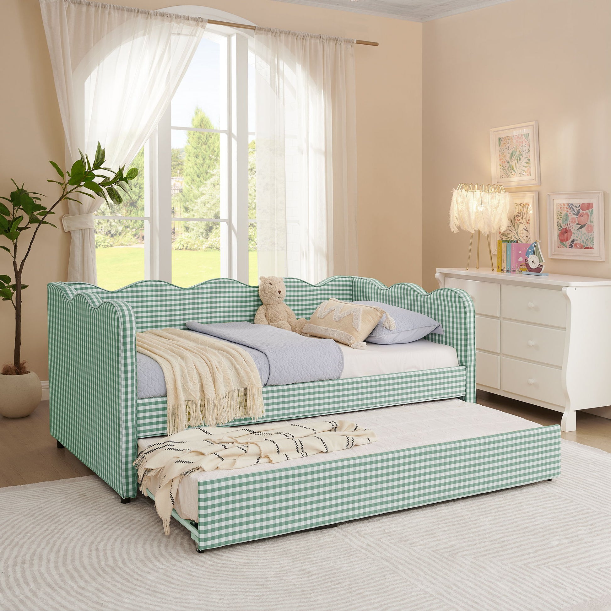 Gingham Daybed With USB Charging Port, Wave Shaped Design - The Sleep Loft - Online Mattress Showroom NYC